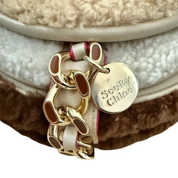 See By Chloe Mara Shearling Sherpa Leather Brown Cement Beige Small Saddle Bag - Picture 7 of 16